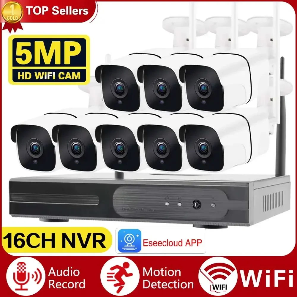 

5MP HD Video WIFI Surveillance Cameras System With Wireless Wifi 16CH NVR Kit H.265+ P2P Smart Home Outdoor Security Camera Set