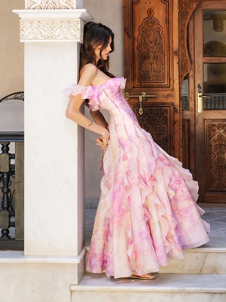 

Backless A-line Robe 2025 Summer Vacation Chic Lady Vestido Printed Multi-Layered Ruffles Slash Neck Women Long DressSleeveless