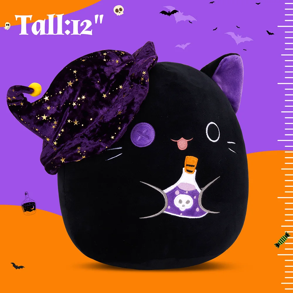 12in/30cm Black Magician Cat Stuffed Pillow Halloween Grimace Cat Doll Toys Witch Throw Pillow Toys Halloween Ornaments Present