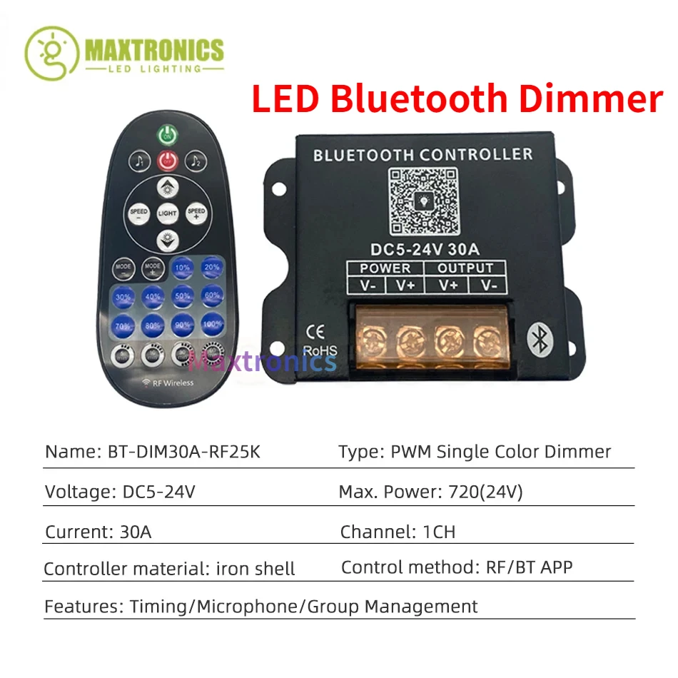 DC5-24V Smart LED Bluetooth Controller 30A Dimmer with RF 25-Key Wireless Remote for 5050 2835 Single Color LED Strip Light Tape