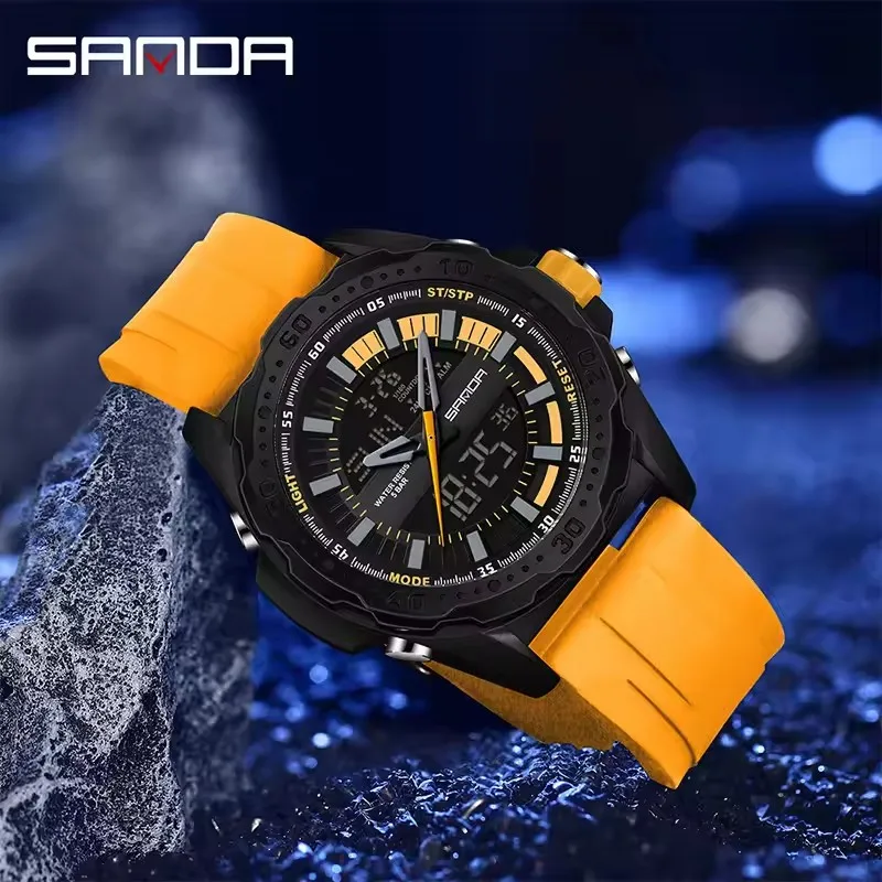 SANDA 3373 Reloj deportivo electrónico de cuarzo para hombre con pantalla Dual luminoso a prueba de golpes resistente al agua calendario relojes digitales para hombre