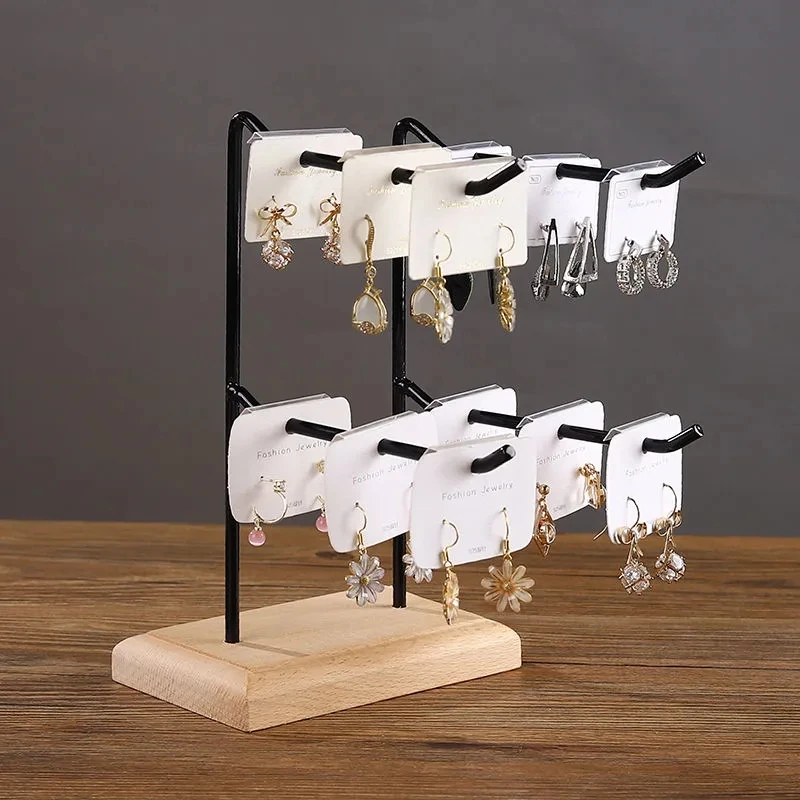 Earrings Jewelry Display Stand Wooden Base Steel Organizer Necklace Ring Jewelry Storage Rack Hook Up Holder Boxes Store Decor