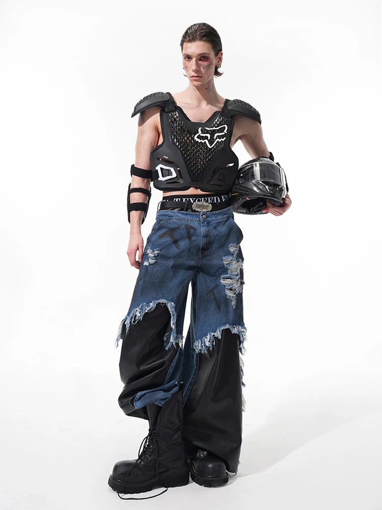 Gefälschte zweiteilige Patchwork-Jeans für Herren, Sommer, handbemalte Buchstaben, schmutzige Farbstoffe, raue Kanten, zerrissene Löcher, Hose mit geradem Bein