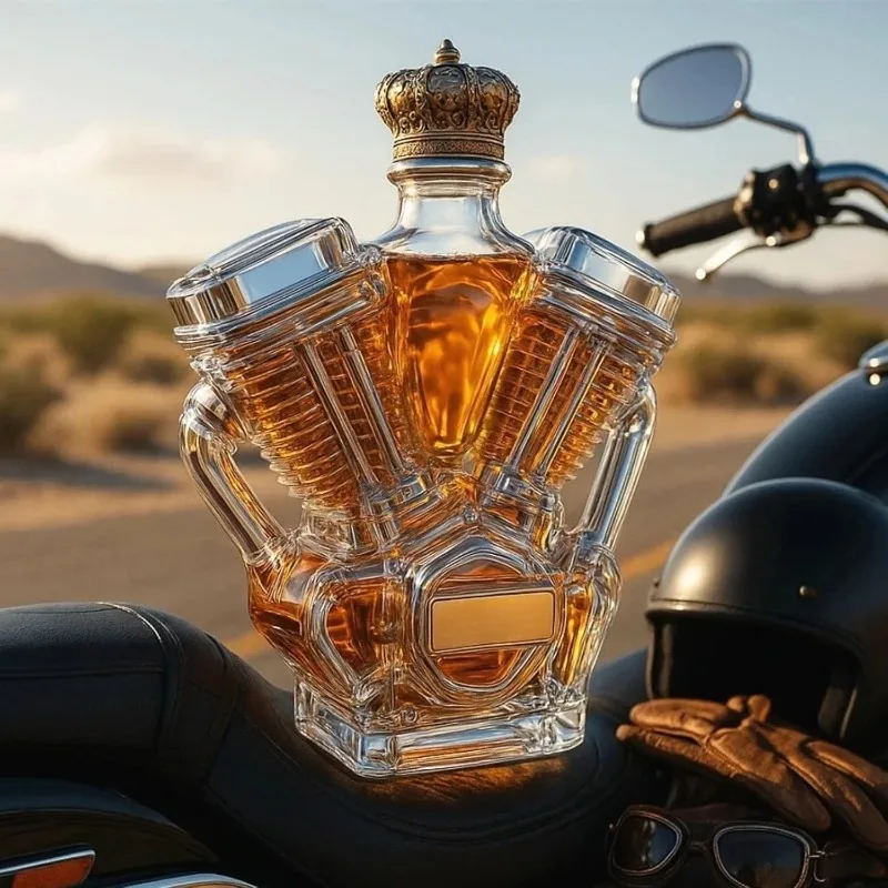 

Creative Motorcycle Engine Shape Transparent Glass Whiskey Bottle Vintage Bar Home Restaurant Wine Display Decoration Gift Set