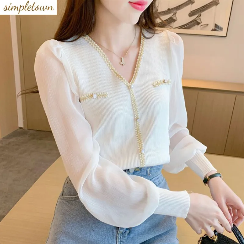 

2024 New Fashion Design Light Luxury Knitwear Women's Spring/Summer Spliced Chiffon Bubble Sleeve Top Trendy