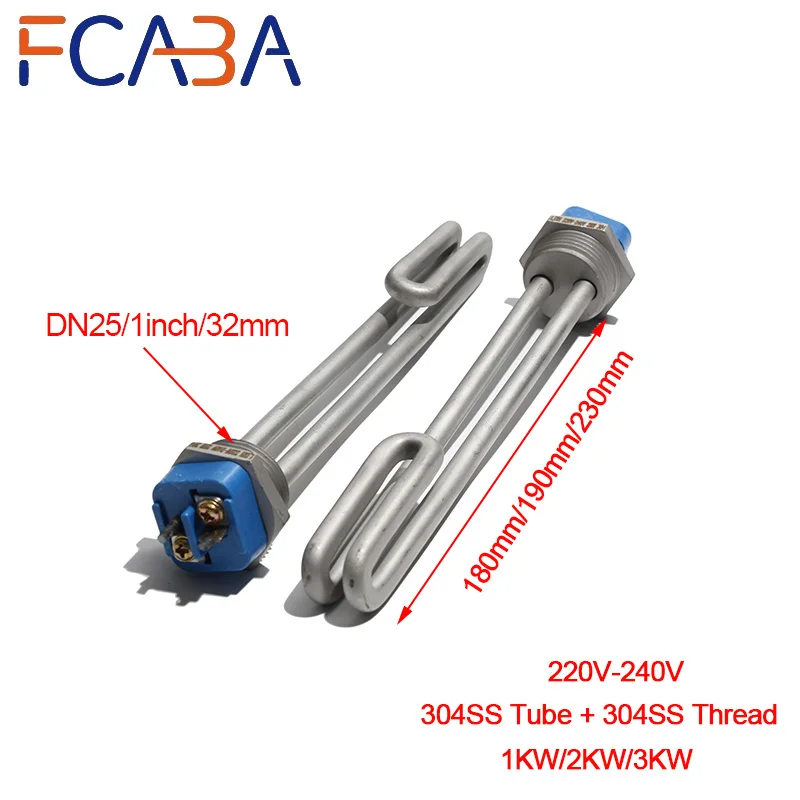FCABA 1'' BSP/NPT DN25 Immersion Water Heating Element 220V-240V 1KW/2KW/3KW 304SS Electric Tubular Heater for Solar Water Heate