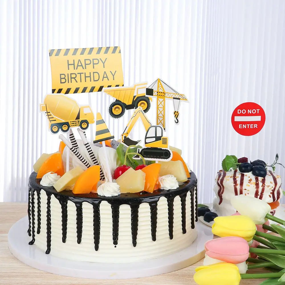 

Theme Party Cupcake Topper Mini Construction Cake Topper Road Sign Crane