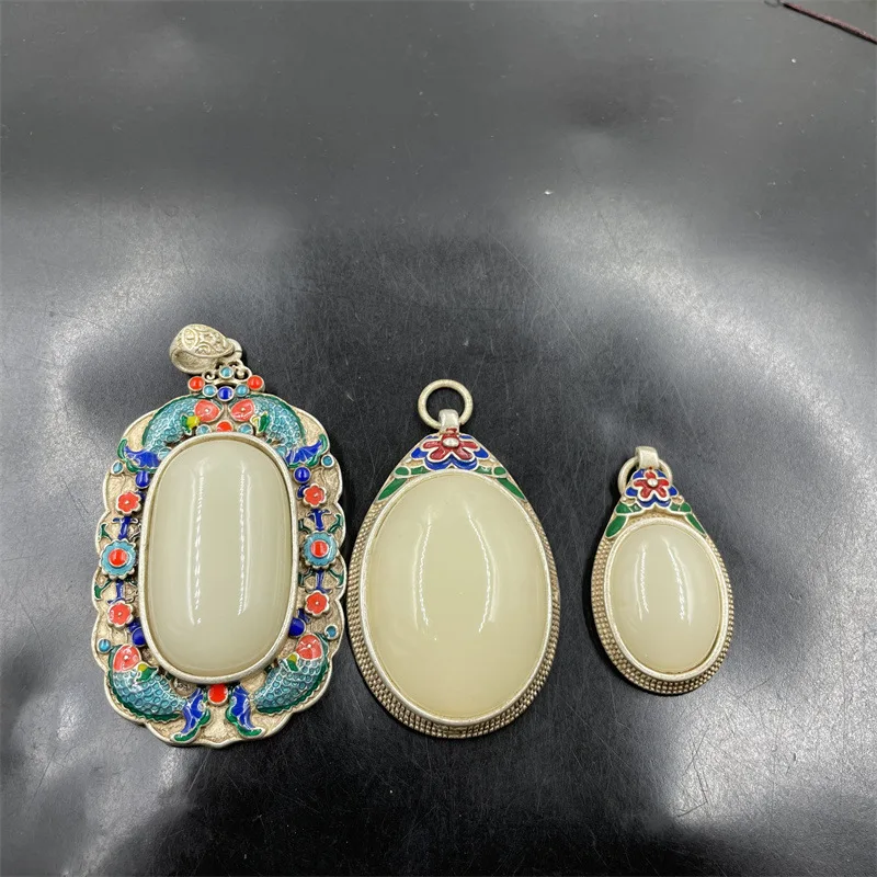 Style Tibetan Silver Inlaid Outer Mongolia Material Imitation White-Shaped Pendant Square Plaque Hanging Jade P