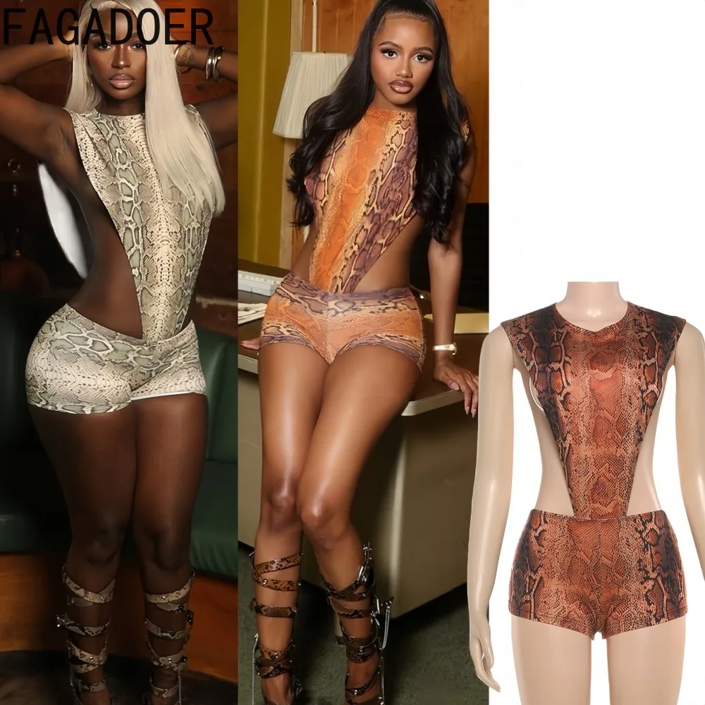 

FAGADOER Sexy Snake Pattern Bodycon Rompers for Women Hollow-out Sleeveless One Piece Jumpsuits Female Streetwear Overalls New