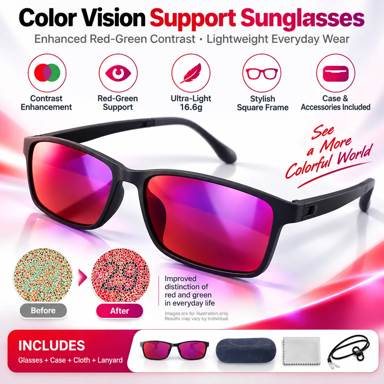Color Vision Support Sunglasses for Red-Green Color Weakness, Lightweight Contrast-Enhancing Glasses with Case