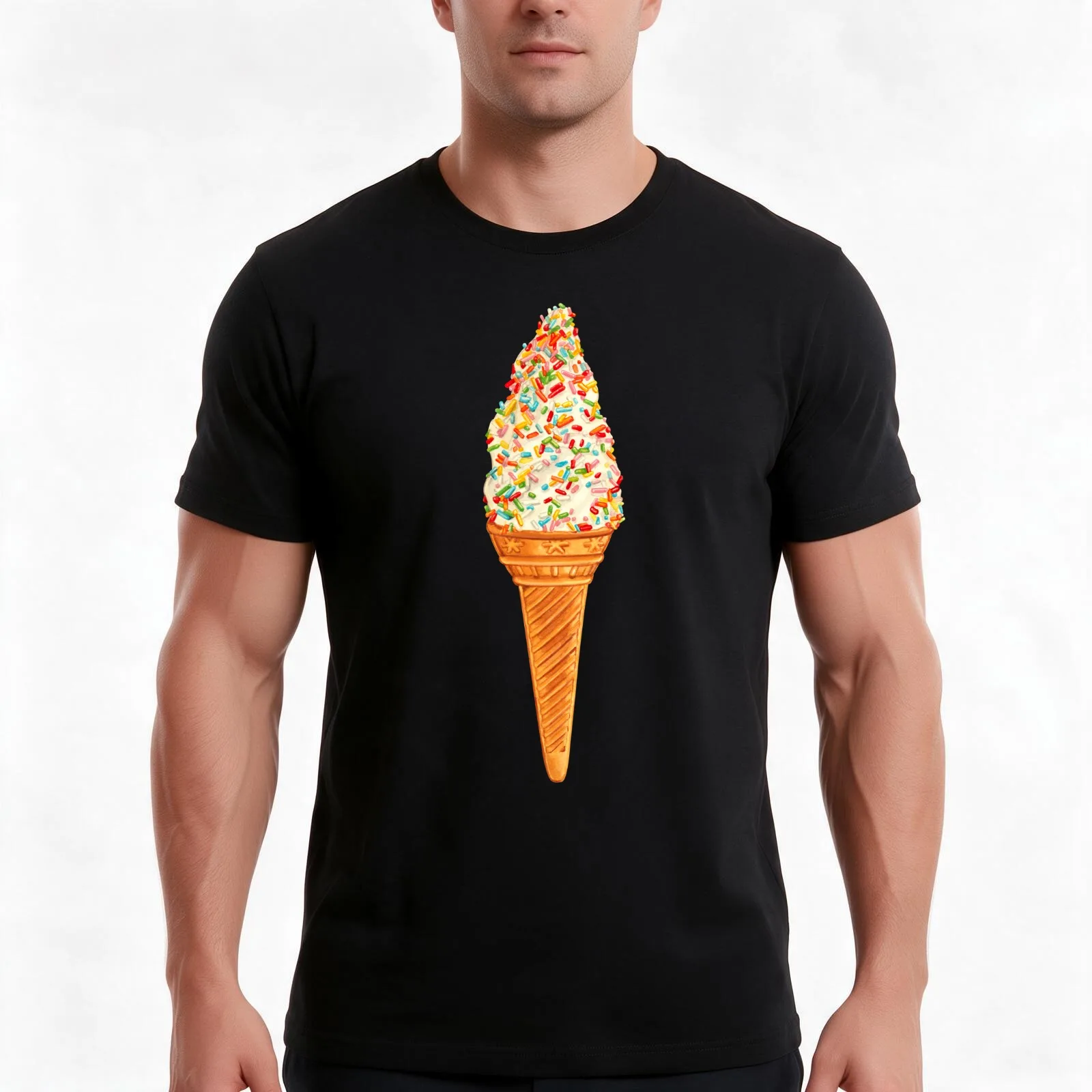 Sprinkle Ice Cream Pattern - Black T-Shirt Summer Casual Cotton Tee Oversized Streetwear Tops Vintage Graphic Print