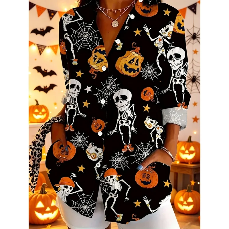 （New Halloween Collection）Skull disco and pumpkin head print long-sleeve collared shirt