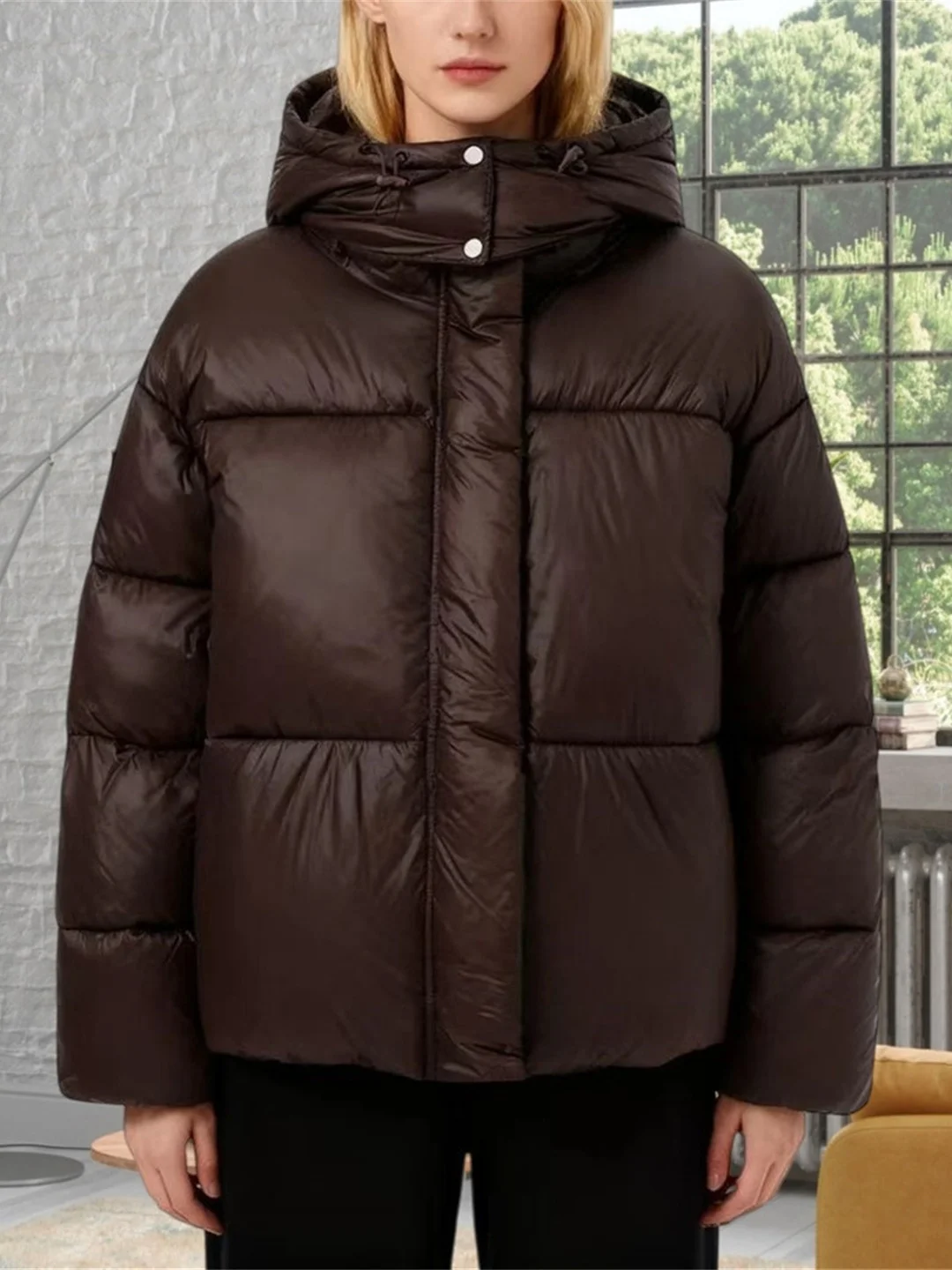 

Thiened Hooded Cotton Jaet Women's Winter Faionable Warm down Jaet Stand Collar Zipper Closure Long Sve Straight Cut