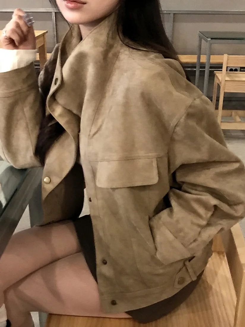 Retro Women's Short Suede Jacket Autumn Winter New Style Korean Style Inner Wear Regular Fit Soft Material Outdoor Casual