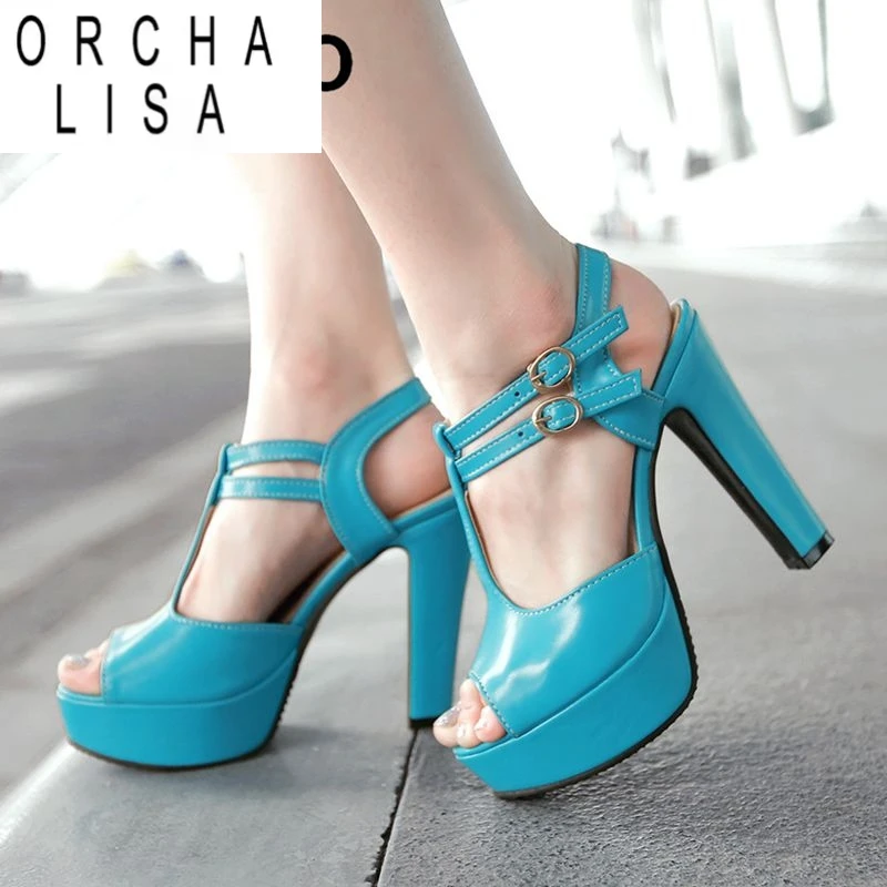 

ORCHA LISA Sexy Female Sandals Peep Toe High Heels 11.5cm Platform 3.5cm Double Buckle T-Strap Plus Suze 41 42 43 Dating Shoes