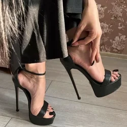 Black Platform Super High Heel Sandals Women Leather Stiletto Heel Buckle Strap Sexy Peep Toe Summer New Party Dress Shoes