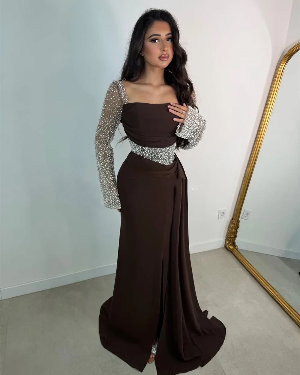 

Customized Classic Women Jersey Beading Ruched Mermaid Evening Dresses Elegant Square Neck Long Sleeves Floor Lenght Party Gowns