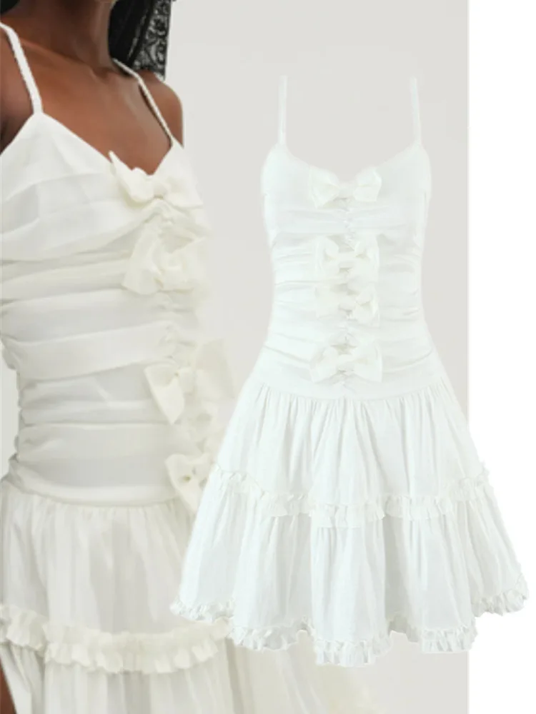 Doce menina sle v-ne fino ajuste ort saia branca 3d arco em camadas saia strapl dr primavera verão outono uso sazonal
