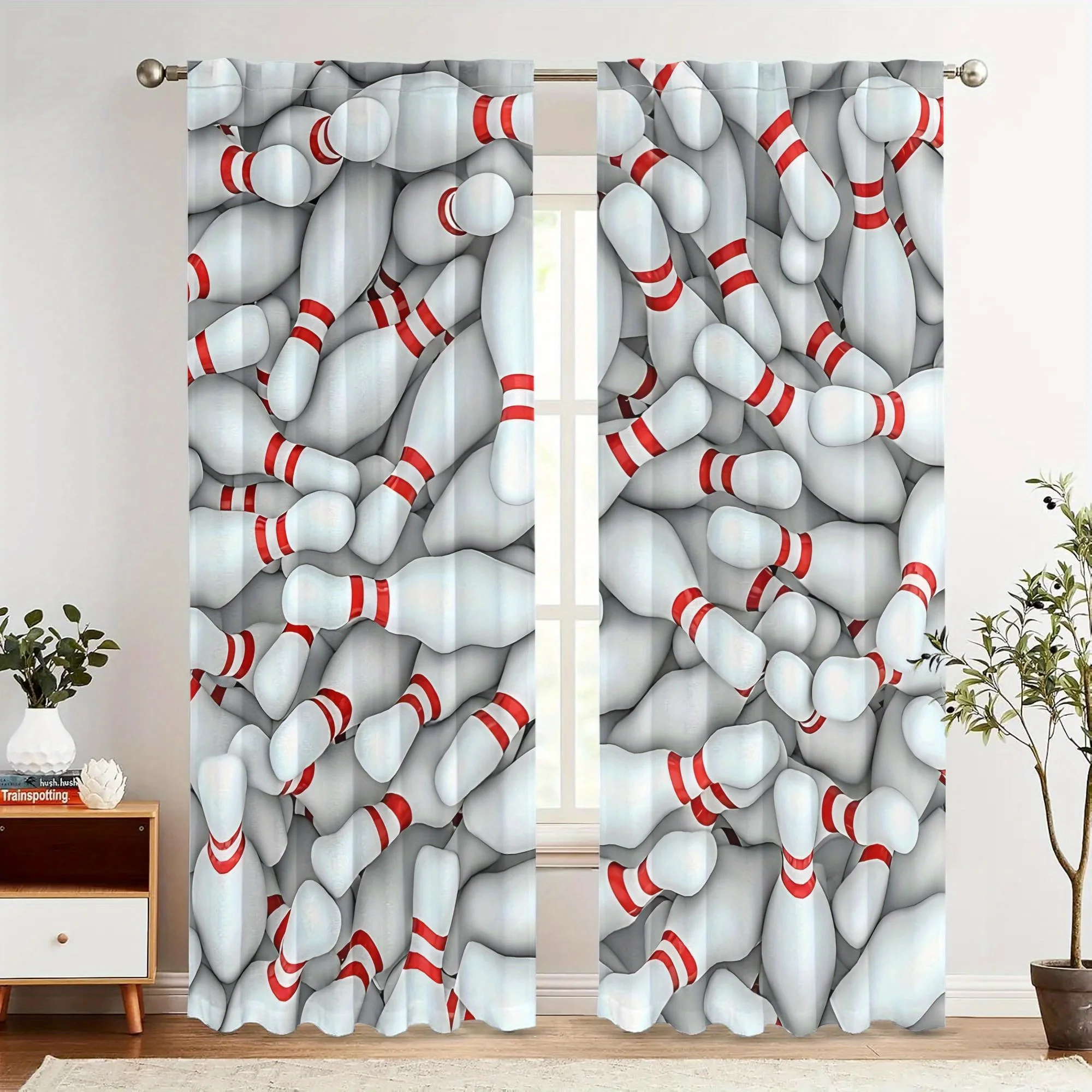 Funny Bowling Pins Print Curtains, Sports Game Pattern Drapes, Novelty Kids Room Window Treatment Recreation Home Decor
