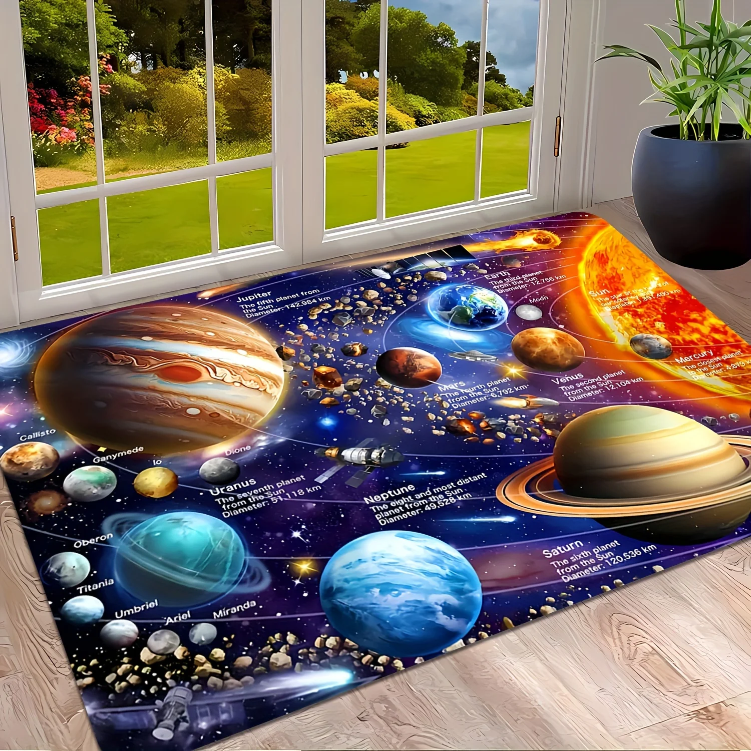 2D Solar System Planet Doormat Colorful Space Galaxy Star Rocket Print Educational Astronomy Decorative Kids Bedroom Floor Mat