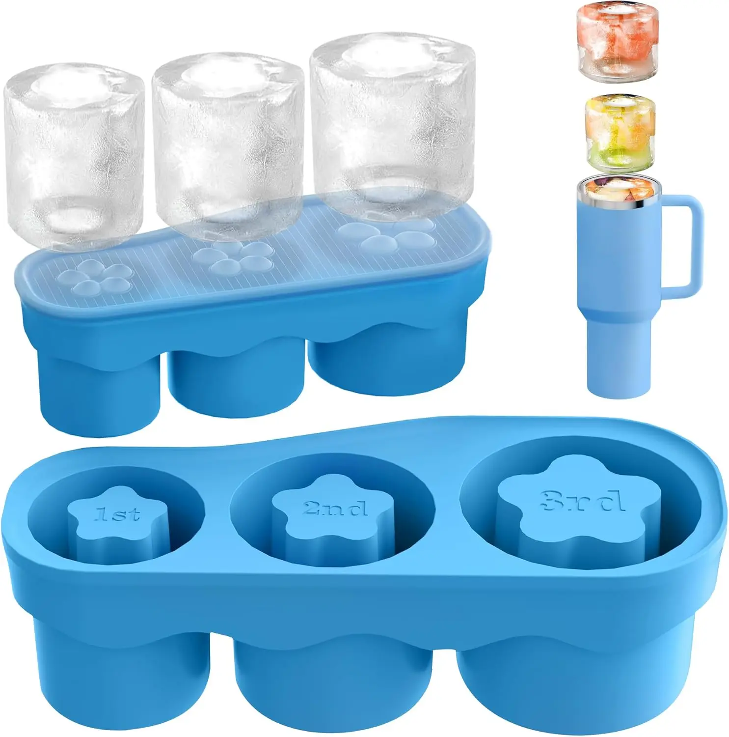 

Cube Tray for Tumbler Cup 20-40 Oz, 3 Sizes Silicone Cylinder Ice Mold with Lid for Freezer, Easy Fill and Release Ice Cube Make
