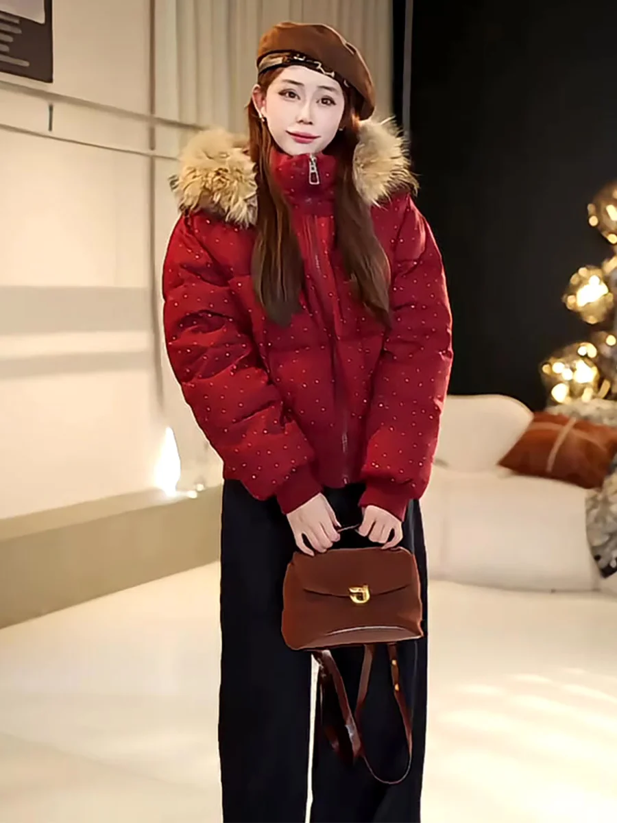 Jaet acolchado informal con diamantes rojos para mujer, ropa de abrigo cálida y resistente al frío con capucha y cuello de piel auténtica para invierno