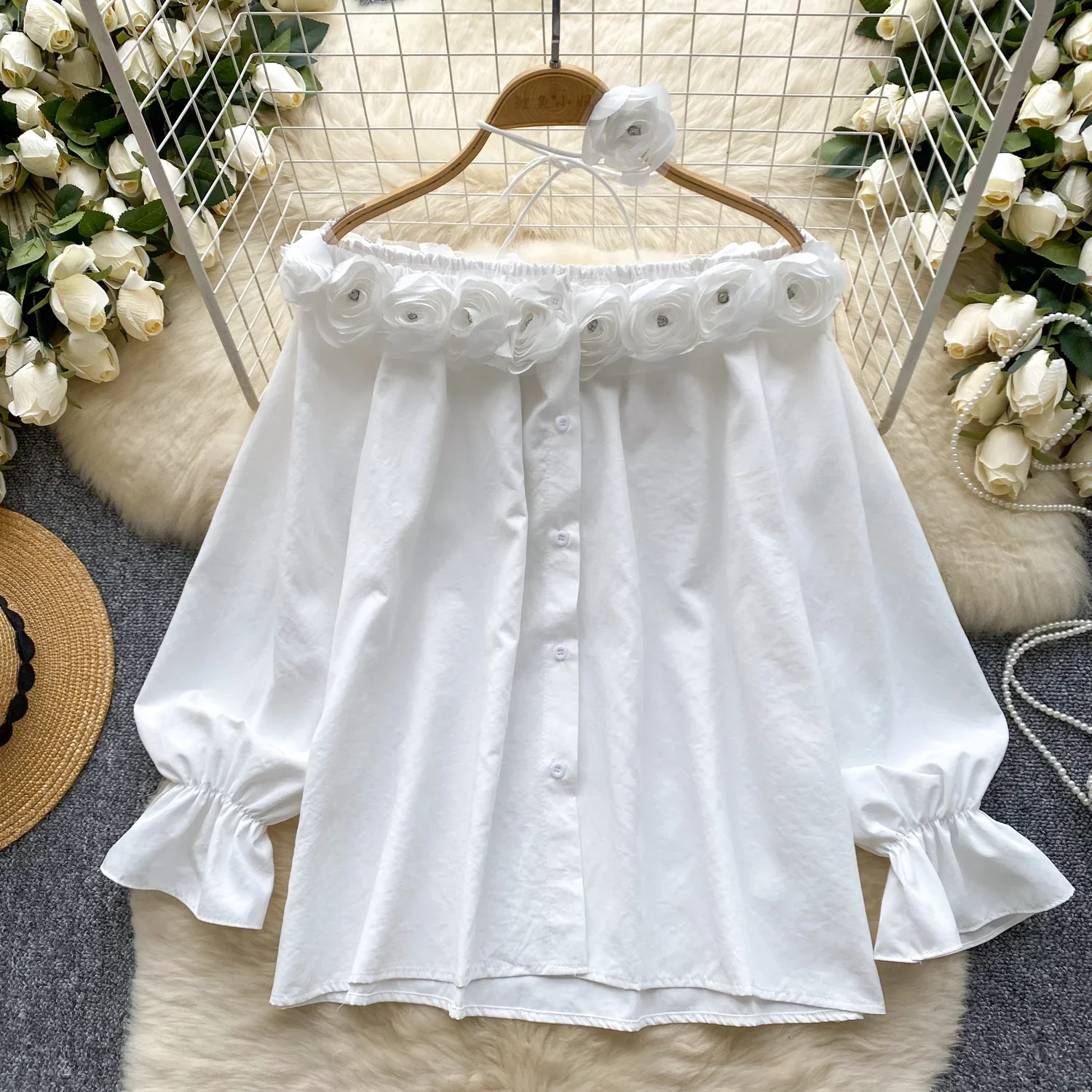 Women Three-dimensional Flower Loose Tank Top Slim Basic Sexy Fashion Slash Neck Puff Long Sleeve Crop Top Autumn Women Blouse