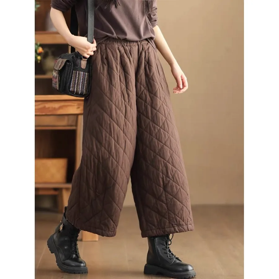 กางเกงผ้าฝ้ายน้ำหนักเบาแฟชั่นสำหรับผู้หญิง ฤดูใบไม้ร่วง ฤดูหนาว เสื้อคลุมตัวนอกทรงหลวม ทรงตรง สไตล์ลำลอง ลายเพชร บุผ้าสำหรับกันหนาว...