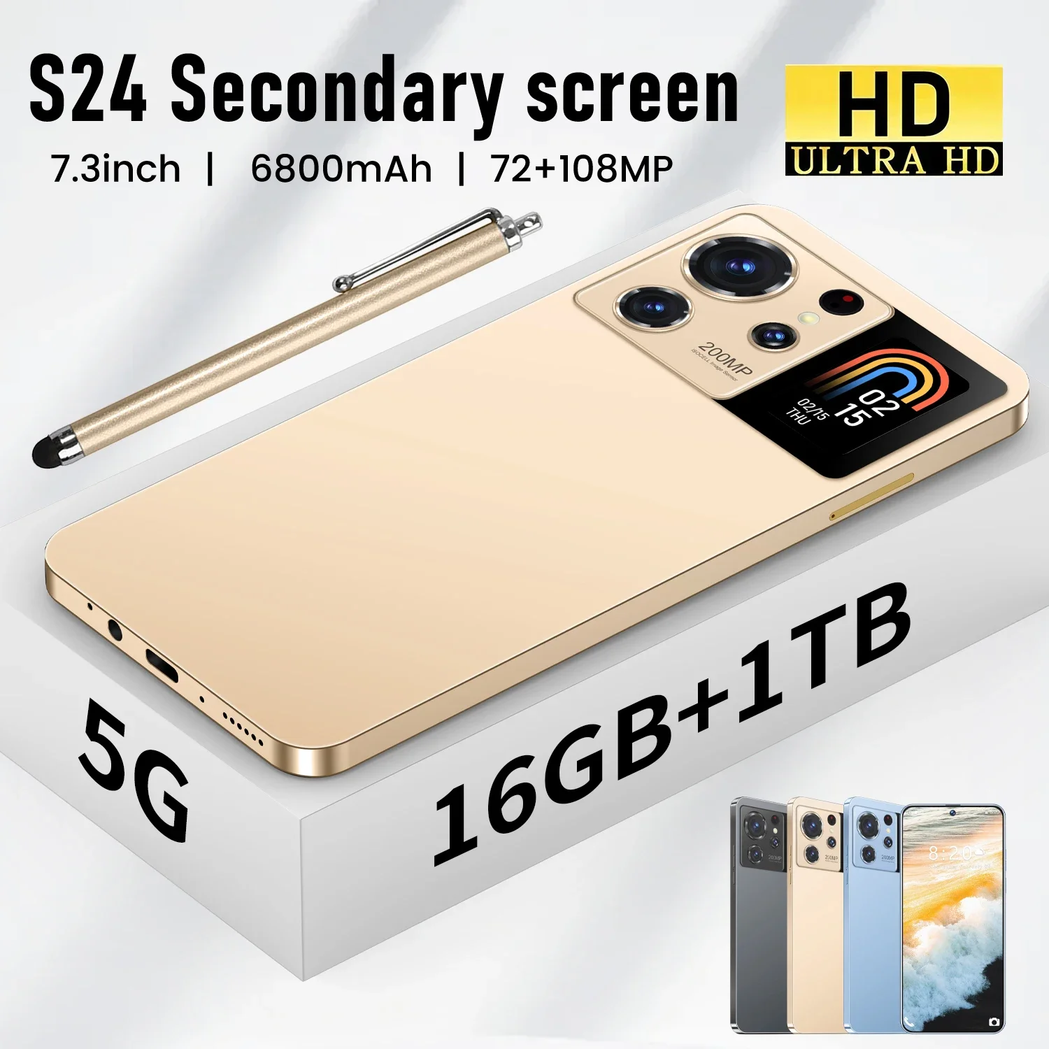 

S24 Ultra Android 13.0 5G Phone with 7.3-inch HD Screen Dual SIM 16GB+1TB Storage 6800mAh Battery Snapdragon 8 Gen2 72MP+108MP