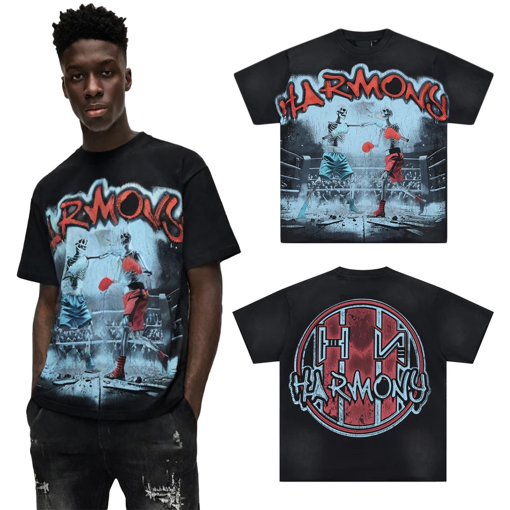 Streetwear Clothing Y2k Skull Boxing Graphic T Shirts with Rhinestone Hiphop Street Style Terry Cotton Vintage Short Sleeve Tees