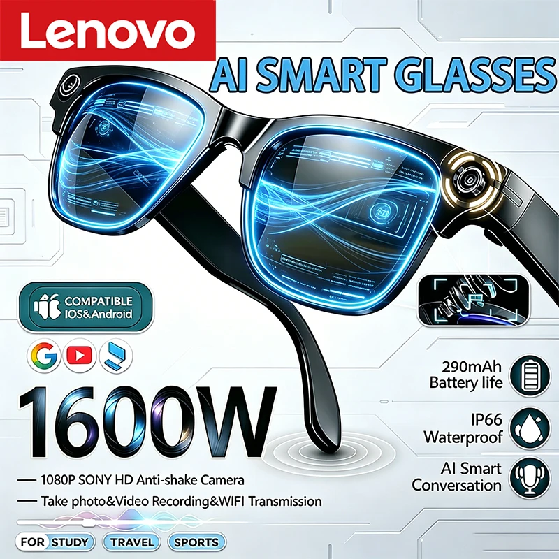Lenovo 2026 novos óculos inteligentes tradução ai 8k hd multifuncional bluetooth chamada assistente de voz música jogar câmera óculos de sol