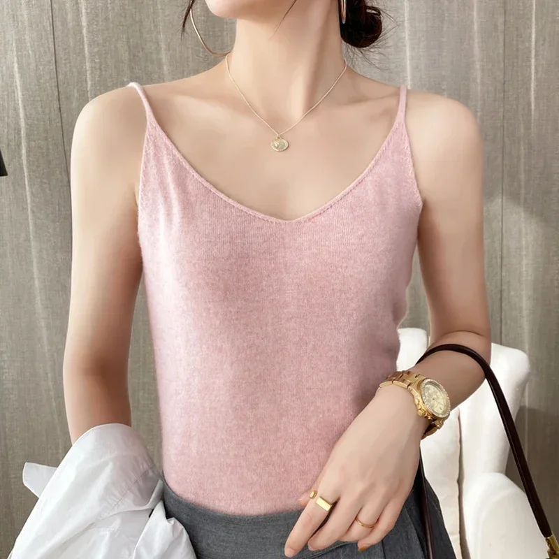 2024 New V-neck Cashmere Sling Wool Camisole Solid Color Base Wool Vest Sexy Knitted Sweater Underwear Women