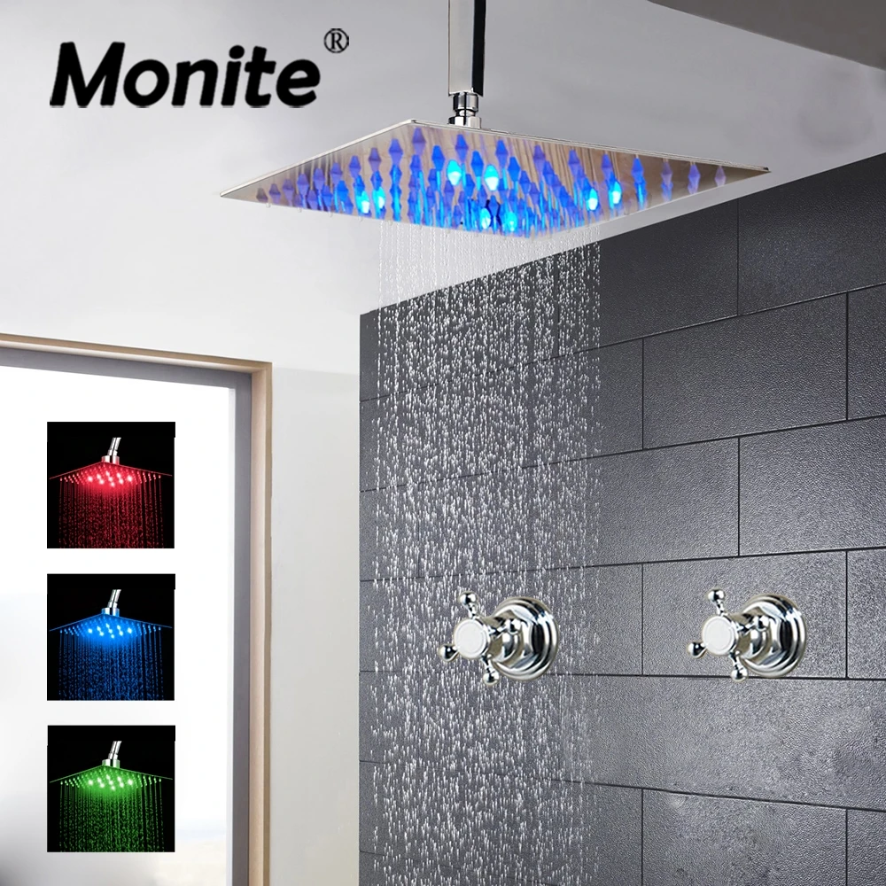

MONITE 8~16'' Shower Set Rainfall Shower Systerm Square Wall Mounted & Ceiling Mounted Shower Head W/ Chrome Polish Shower Bar