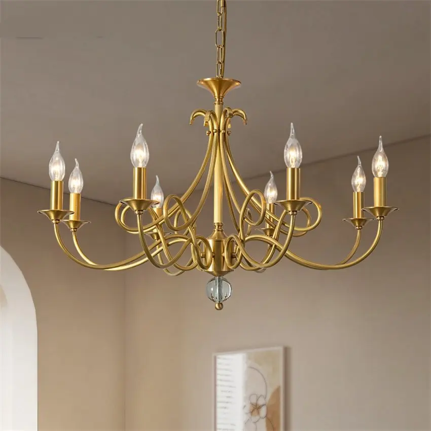 

Полностью медные роскошные американские люстры, светильники для гостиной, столовой, спальни, винтажные свечи, хрустальные подвесные светильники