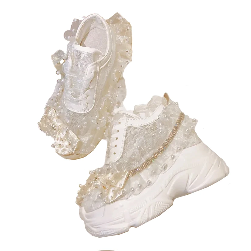 Girls Increase 6cm Platform Shoes White Thick Sole Breathable Versatile Fashionable Lace Flowers Pearls Bow Crystals Strap Shoe