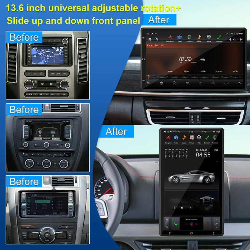 13.6'' For Universal Manual Adjustable Front Panel GPS Navigation Tesla Style Car Multimedia Player WIFI DSP Carplay Head Unit