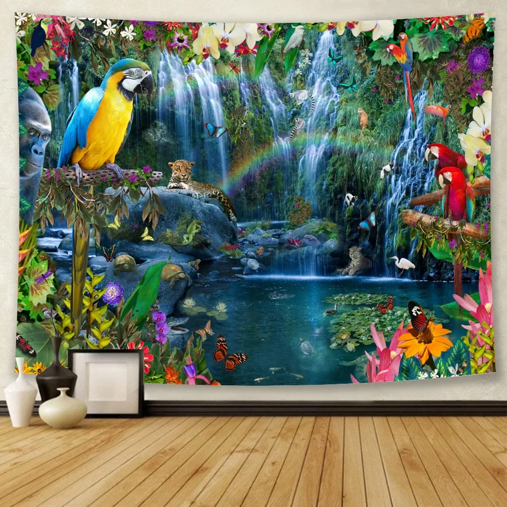 Forest Animal Tapestry Home Room Art Decoration Background Cloth Tiger Giraffe Elephant Lion Parrot Hanging Cloth