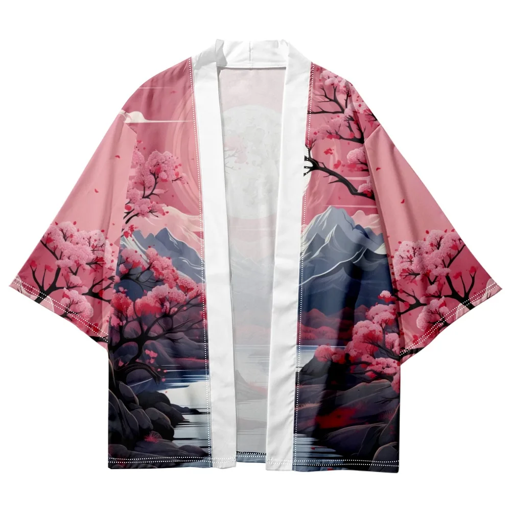 Pink Print Vintage Style Cardigan Haori Shirts Women Men Cosplay Yukata Clothing Harajuku Kimono Plus Size 6XL 5XL 4XL