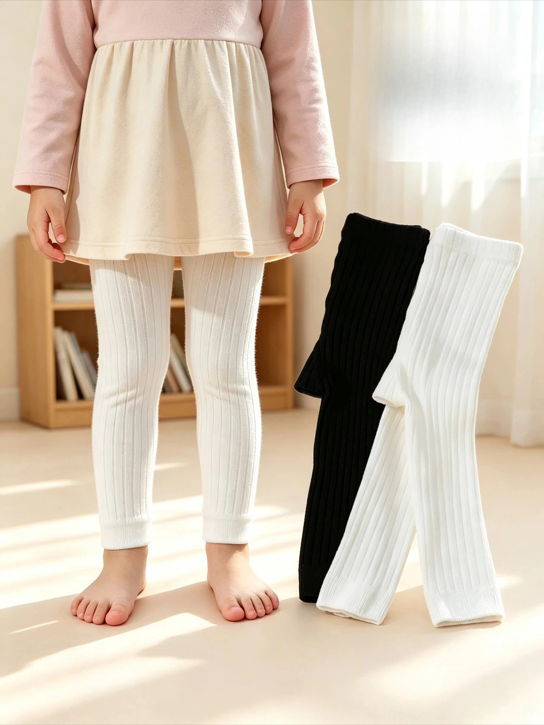 Ribbed Girls Leggings Footless Knit Toddler Tights Soft Stretchy Kids Basic Pants Casual Bottoms for 0-6Y Baby Daily Wear