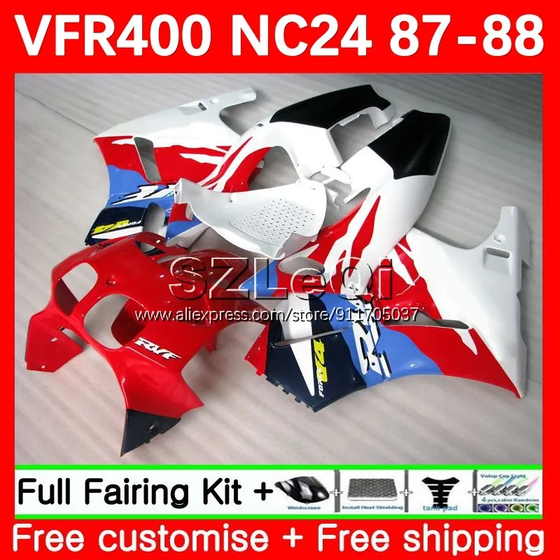 Body For HONDA VFR400R RVF VFR 400 R RR 400R CC 87 88 63No.190 VFR400RR NC24 VFR400 R V4 RVF400R 1987 1988 Red white Fairings