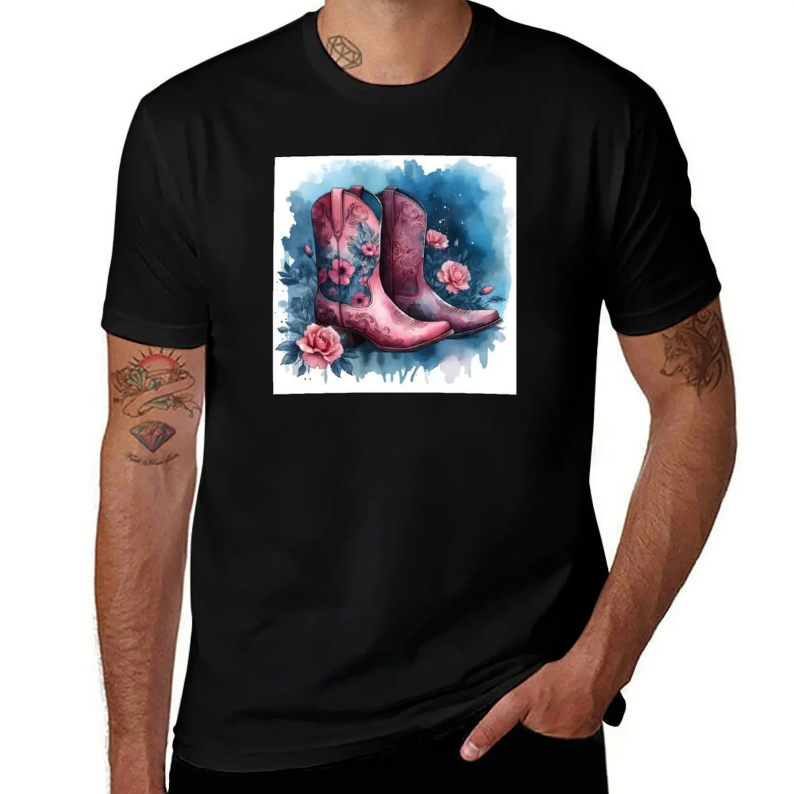 

Pink Cowboy Boots T-Shirt tees blacks Clothing korean fashion Men's t-shirt