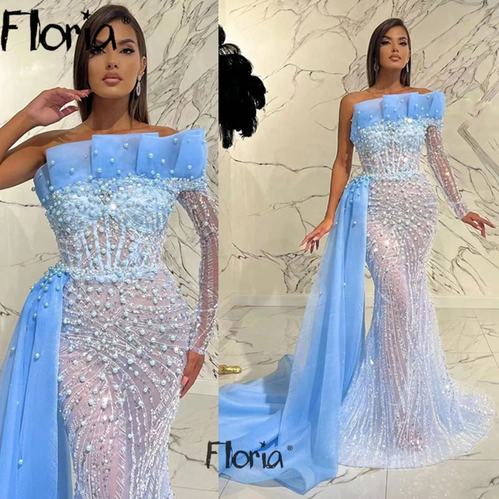 Abito da sera a sirena azzurro con perline di lusso Chic Full Pearls abiti formali 2023 abiti da festa per donna Vestidos De Noche arabo