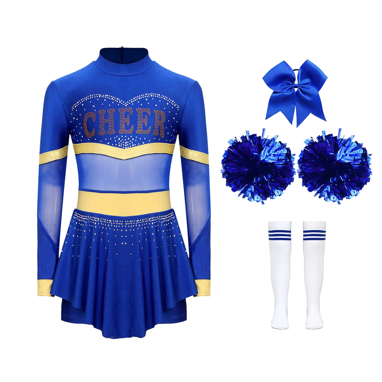 Children Girls Cheerleading Dance Outfit Long Sleeve Diamonds Leotard Dress Set School Show Sports Meeting Performance Costume