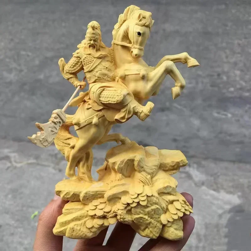 14CM Feng Shui Guangong Boxwood The Three Kingdoms Figure Statue Sculpture Guanyu Riding Horse Home Decor