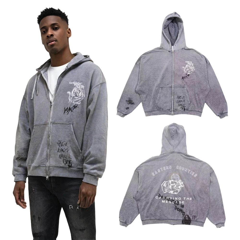 Streetwear Distressed Gray Zip Up Hoodies with Rhinestones Hiphop Street Style Heavy Weight Cotton Casual Graffiti Print Hoodies