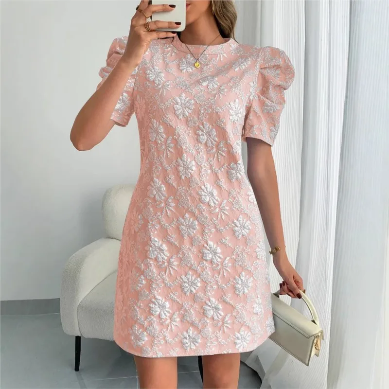 

Women's Elegant Puff Sleeve Jacquard Midi Dress Summer Ladies Round Neck Short Sleeve OL Office Casual Party Sundress Size S-2XL