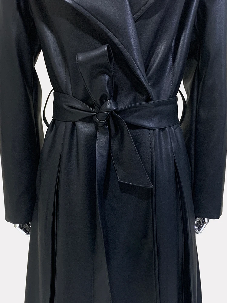 Nerazzurri Autumn Extra Long Black Waterproof Black Skirted Pu Leather Trench Coat for Women Sashes 2024 Elegant Chic Overcoat