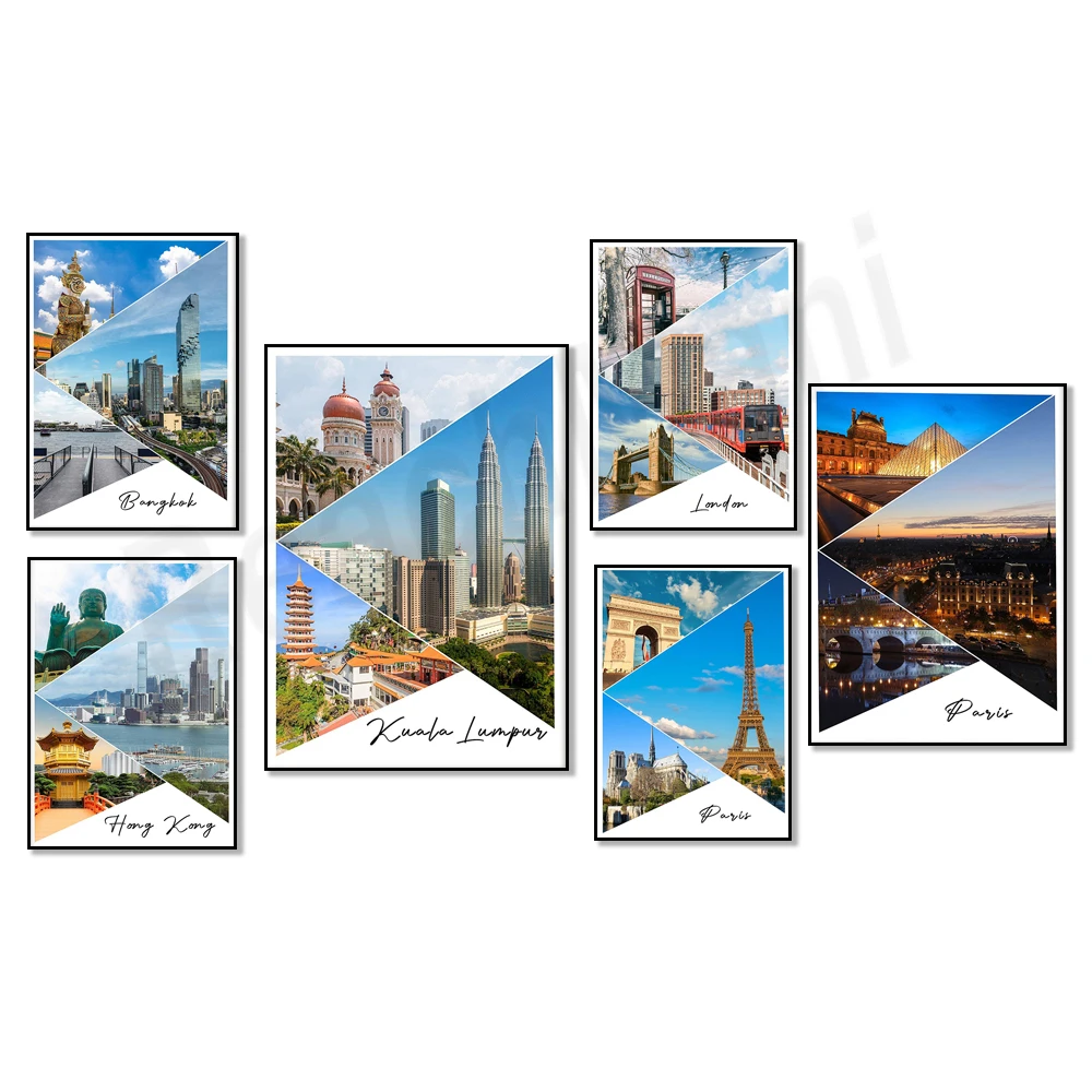 Póster de viaje con impresiones de Historia de la ciudad de Roma, Londres, Tokio, Nueva York, Moscú, ChinaHong, Bangkok, París