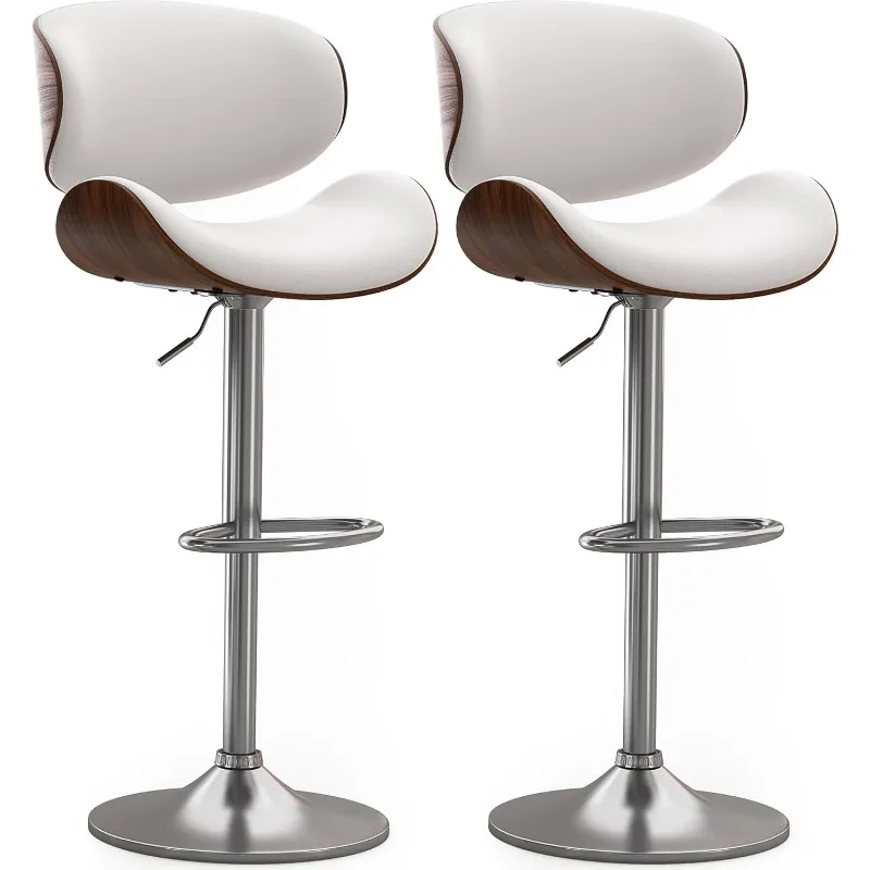 Bar Stools Set of 2, Bentwood Adjustable Height Swivel Bar Stools, PU Leather Upholstered Bar Chair with Back and Footrest