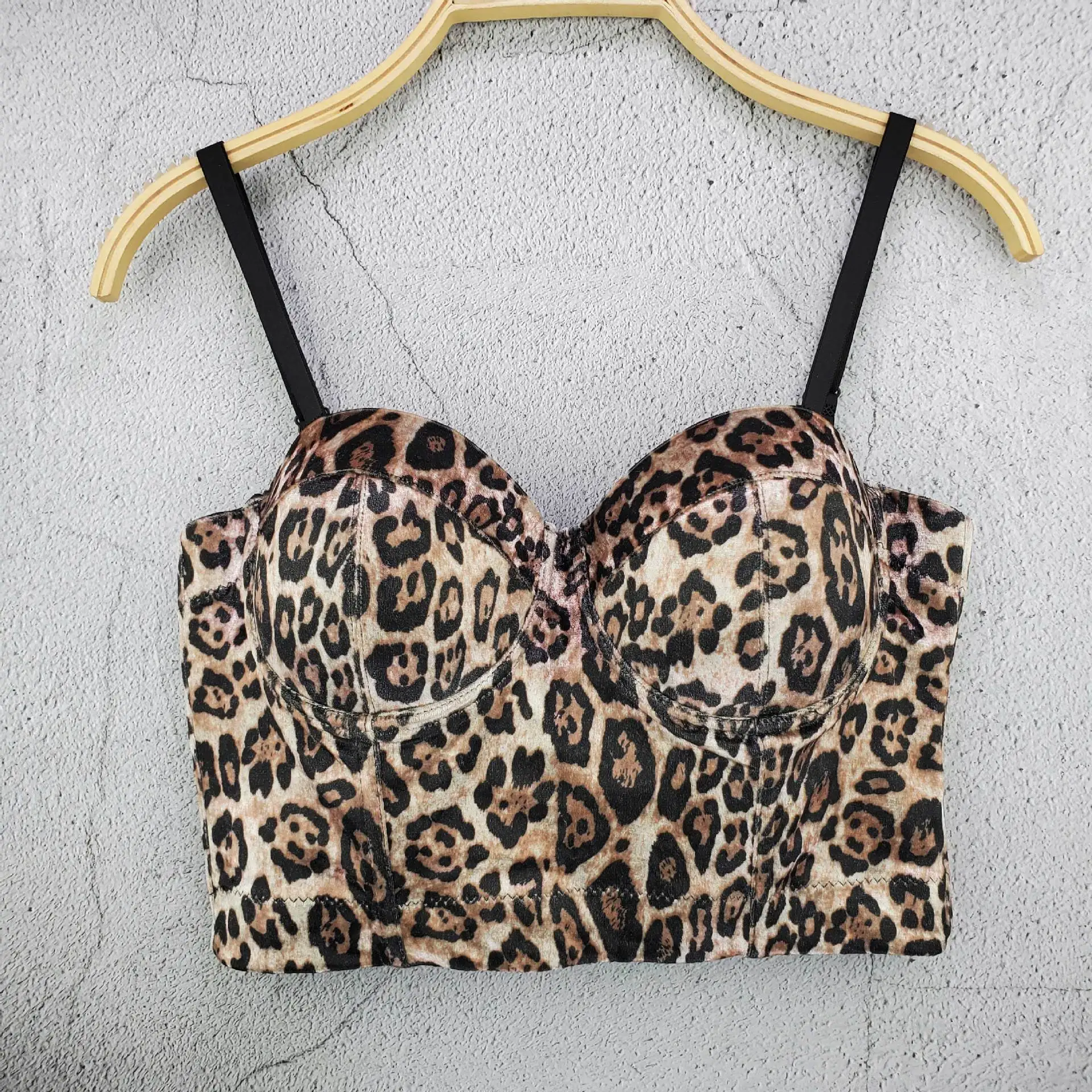 Wind Leopard Pattern Velvet Short Tank With Hanging Straps White Matching Outwear Wild Elastic Steel Ring Wrapped Chest Top For